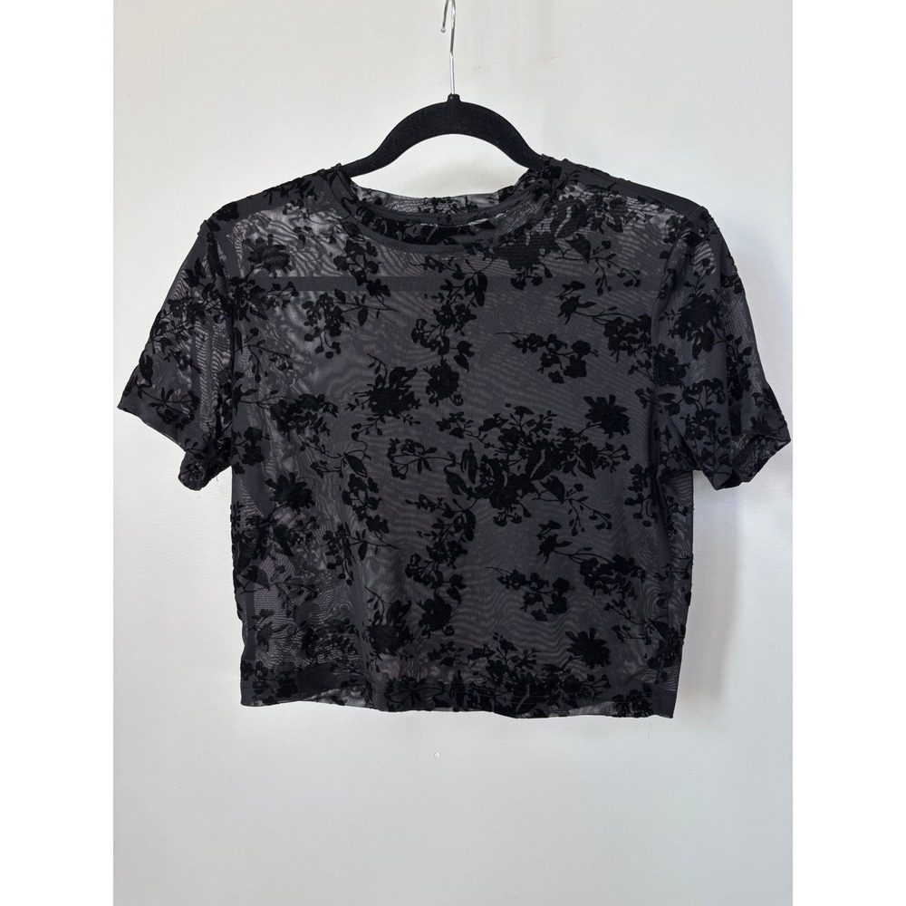 Dazy Black Floral Flocked Velvet Mesh Crop Top Sheer Short Sleeve Tee XXL